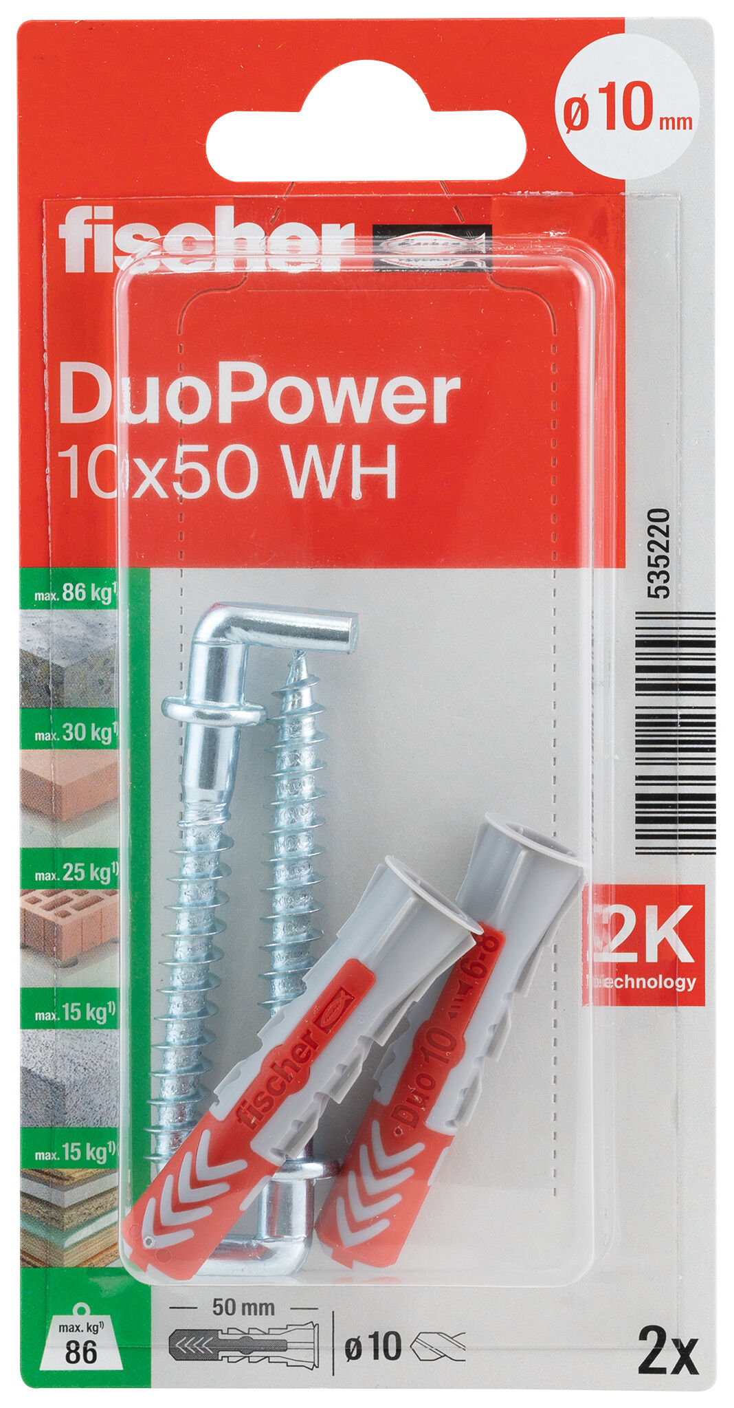 Verpackung: "fischer DuoPower 10 x 50 WH mit Winkelhaken"