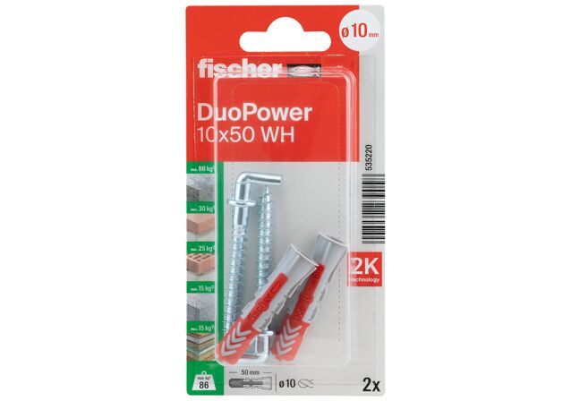 Packaging: "fischer DuoPower 10 x 50 WH with angle hook"