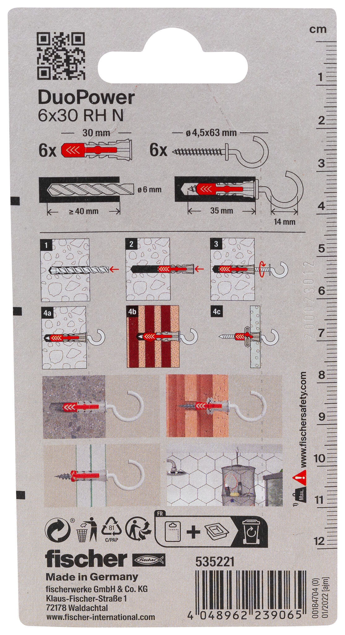 Packaging: "fischer DuoPower 6 x 30 RH with round hook, nylon coated"