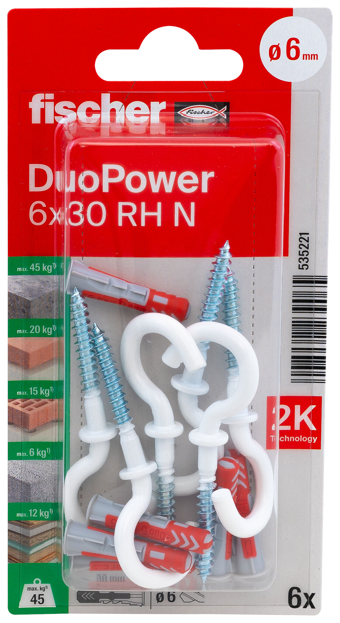 Packaging: "fischer DuoPower 6 x 30 RH with round hook, nylon coated"