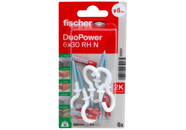 Verpackung: "fischer DuoPower 6 x 30 RH mit Rundhaken, nylonbeschichtet"