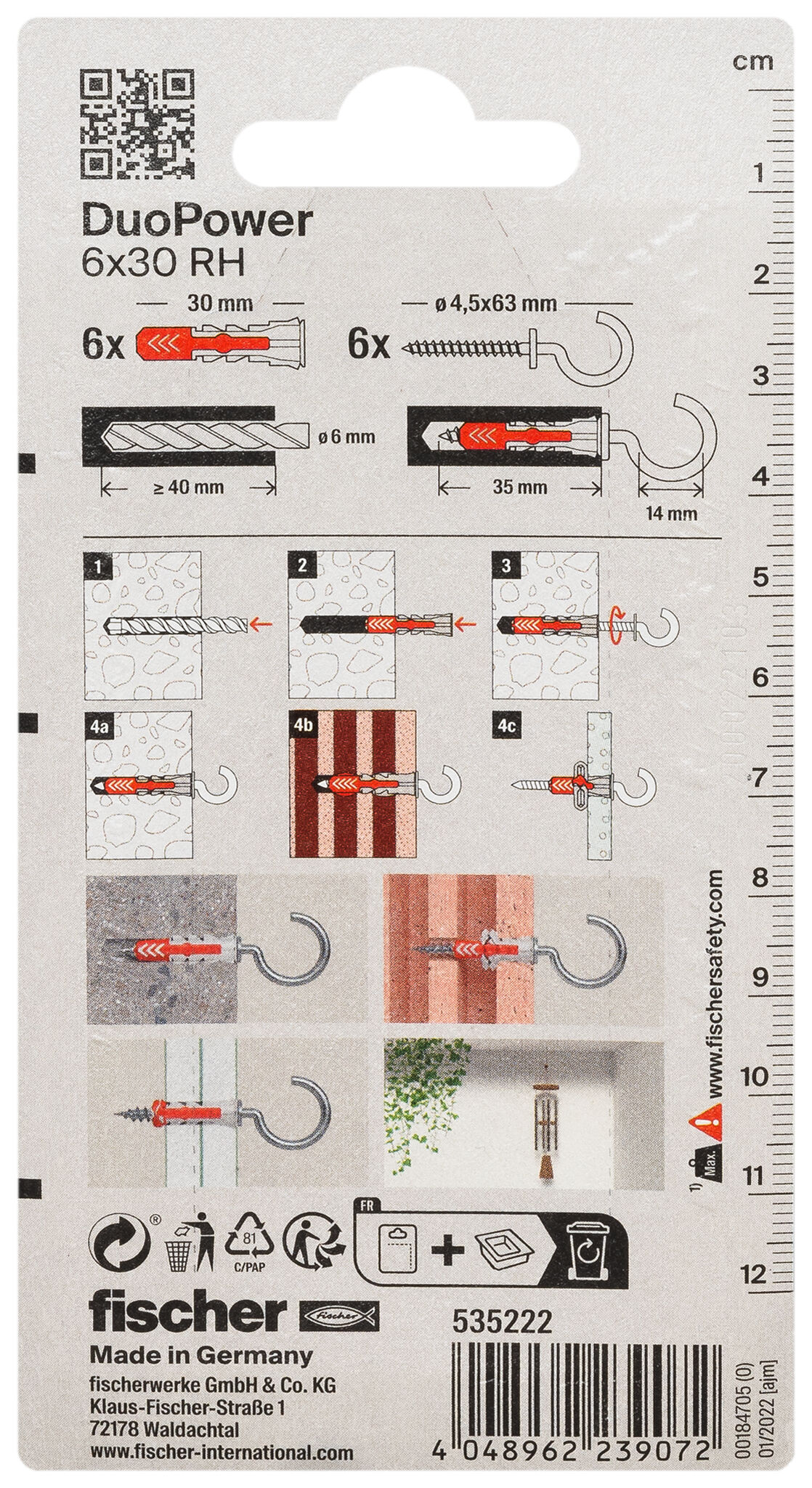Packaging: "fischer DuoPower 6 x 30 RH with round hook"