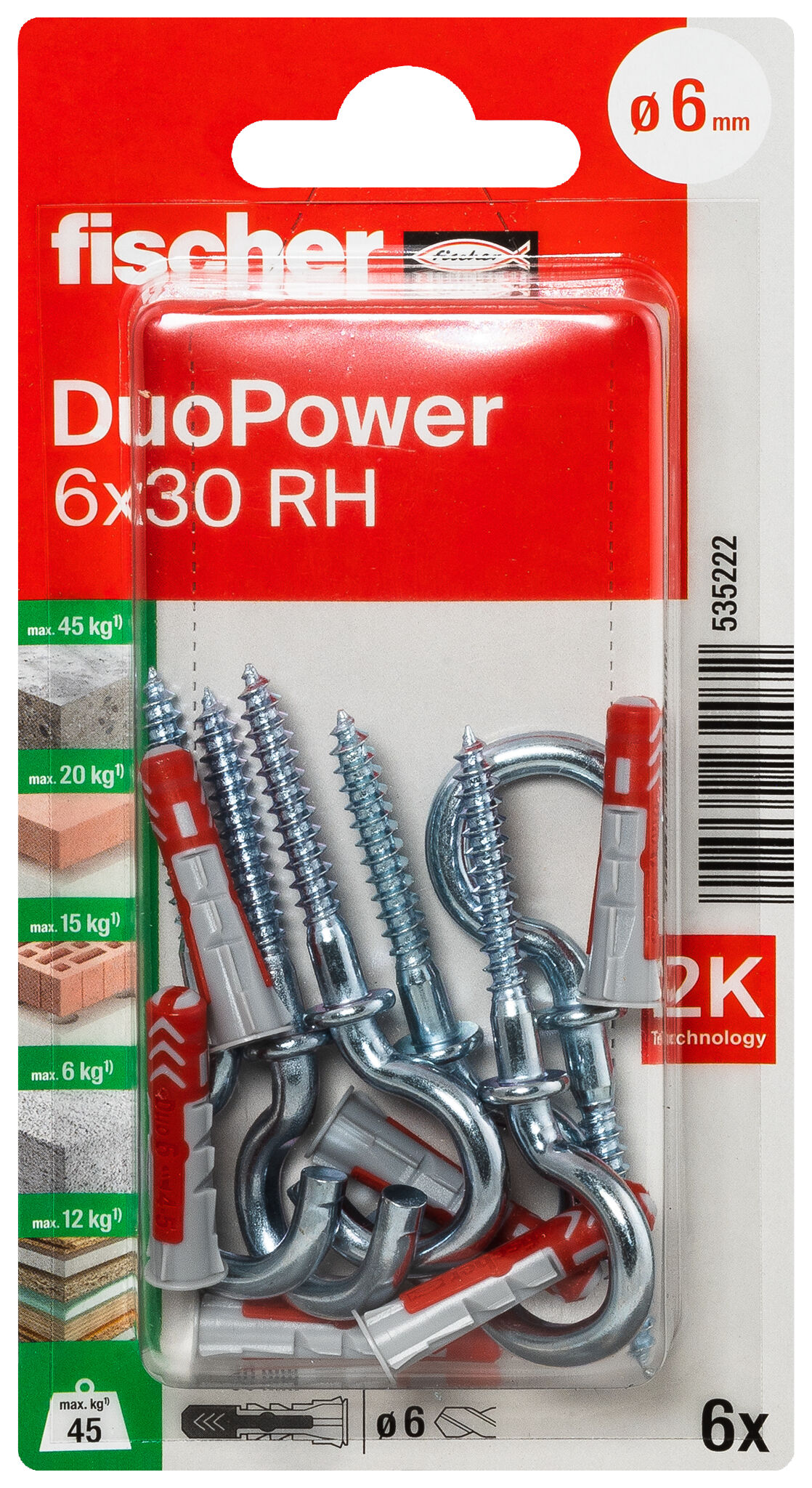 Packaging: "fischer DuoPower 6 x 30 RH with round hook"