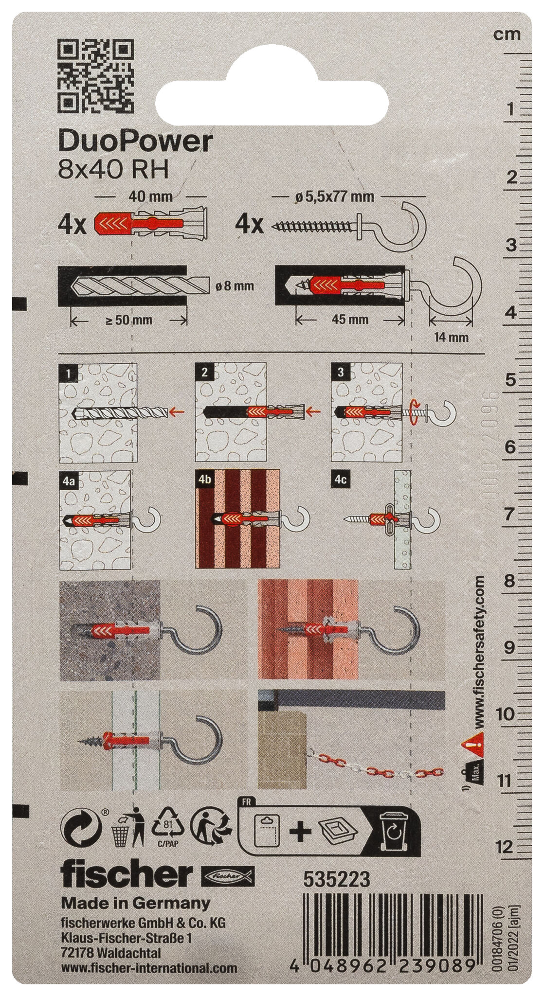 Packaging: "fischer DuoPower 8 x 40 RH with round hook"