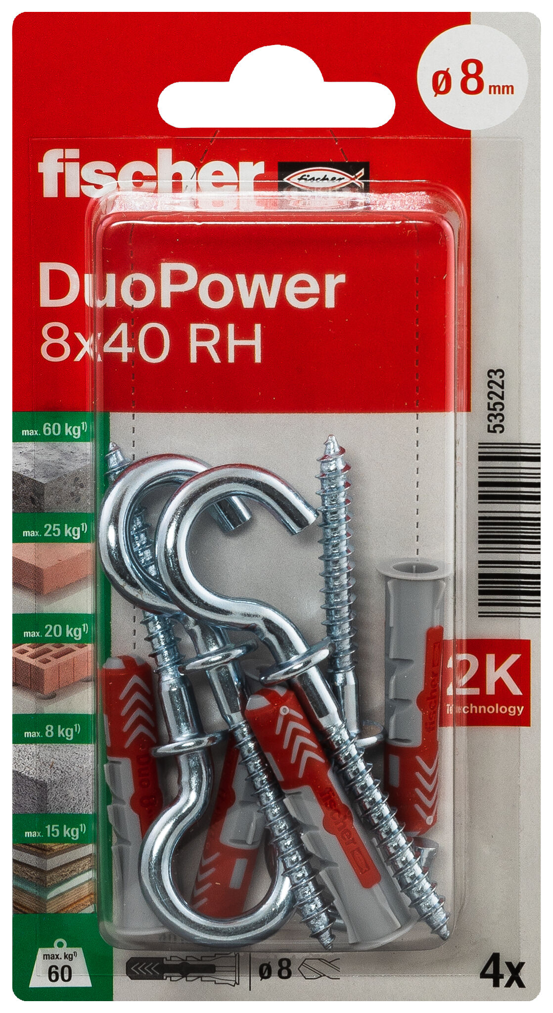 Packaging: "fischer DuoPower 8 x 40 RH with round hook"