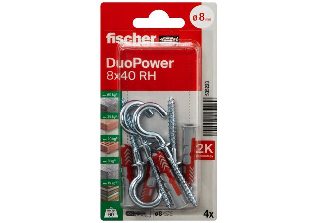 Verpackung: "fischer DuoPower 8 x 40 RH mit Rundhaken"