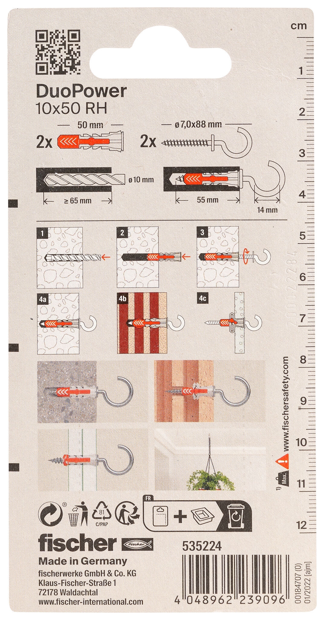 Packaging: "fischer DuoPower 10 x 50 RH with round hook"