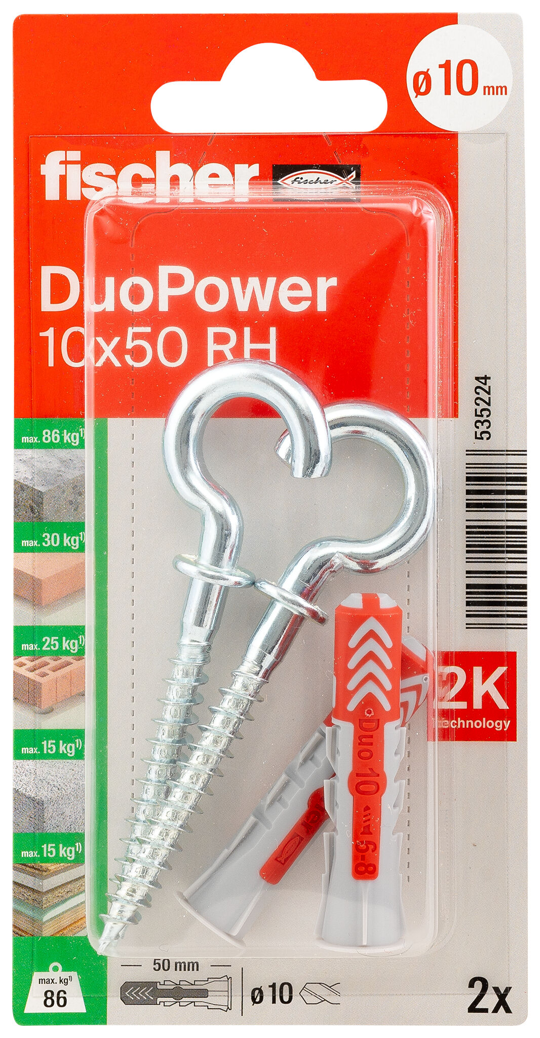 Packaging: "fischer DuoPower 10 x 50 RH with round hook"