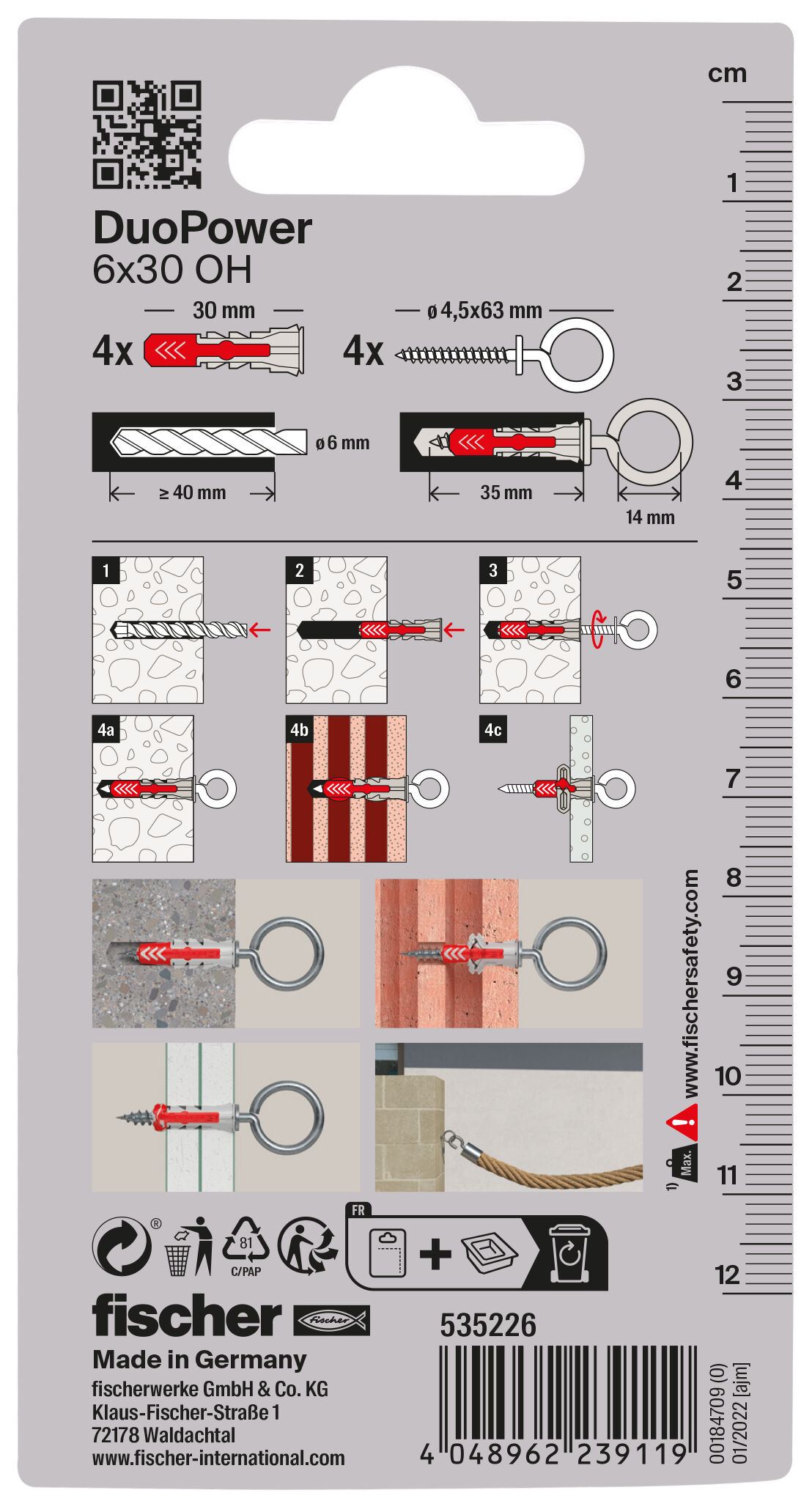 Packaging: "fischer DuoPower 6 x 30 OH with eye hook"