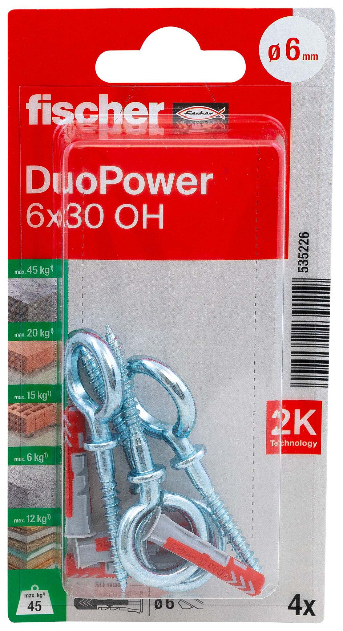 Packaging: "fischer DuoPower 6 x 30 OH with eye hook"