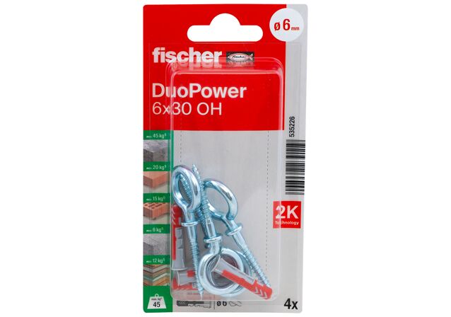 Verpackung: "fischer DuoPower 6 x 30 OH mit Ösenhaken"