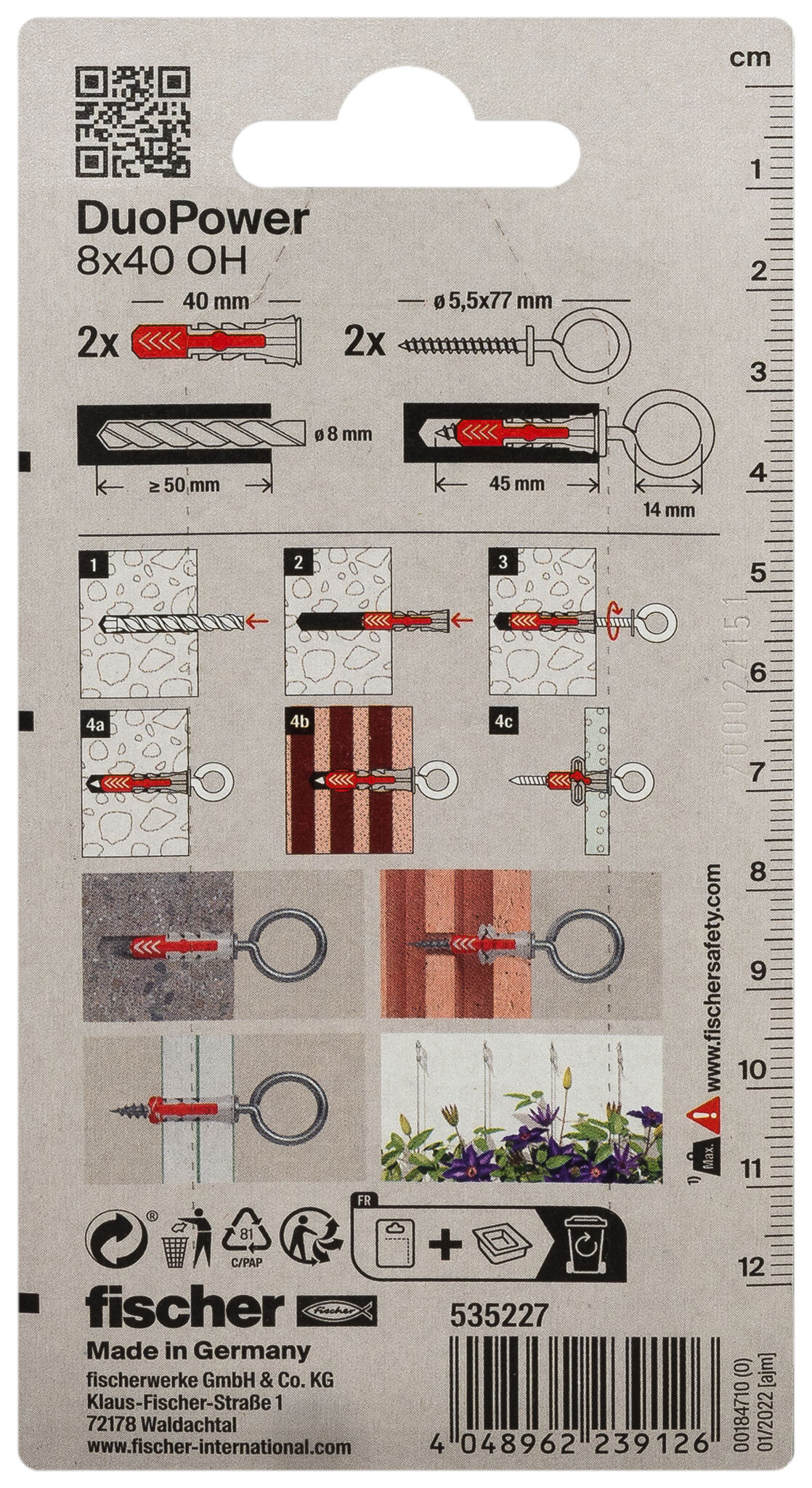 Packaging: "fischer DuoPower 8 x 40 OH with eye hook"