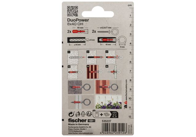 Packaging: "fischer DuoPower 8 x 40 OH with eye hook"