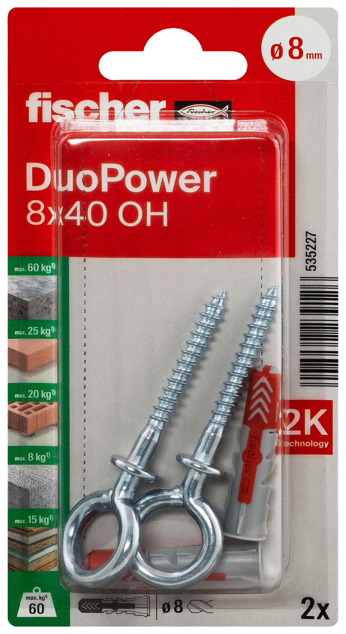 Packaging: "fischer DuoPower 8 x 40 OH with eye hook"