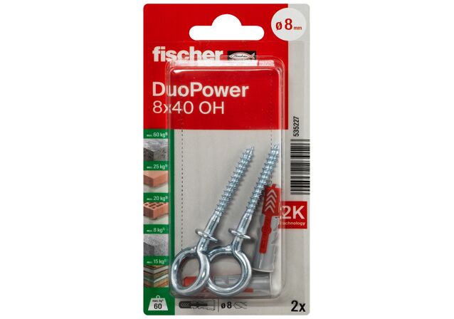 Packaging: "fischer DuoPower 8 x 40 OH with eye hook"