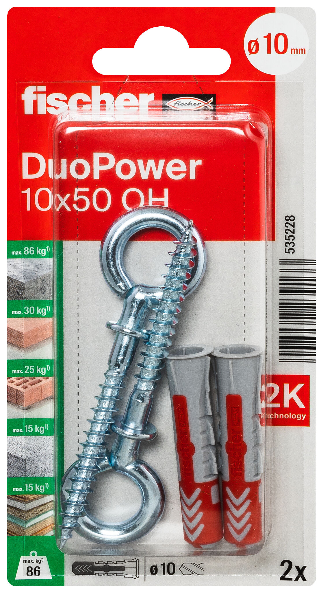 Verpackung: "fischer DuoPower 10 x 50 OH mit Ösenhaken"
