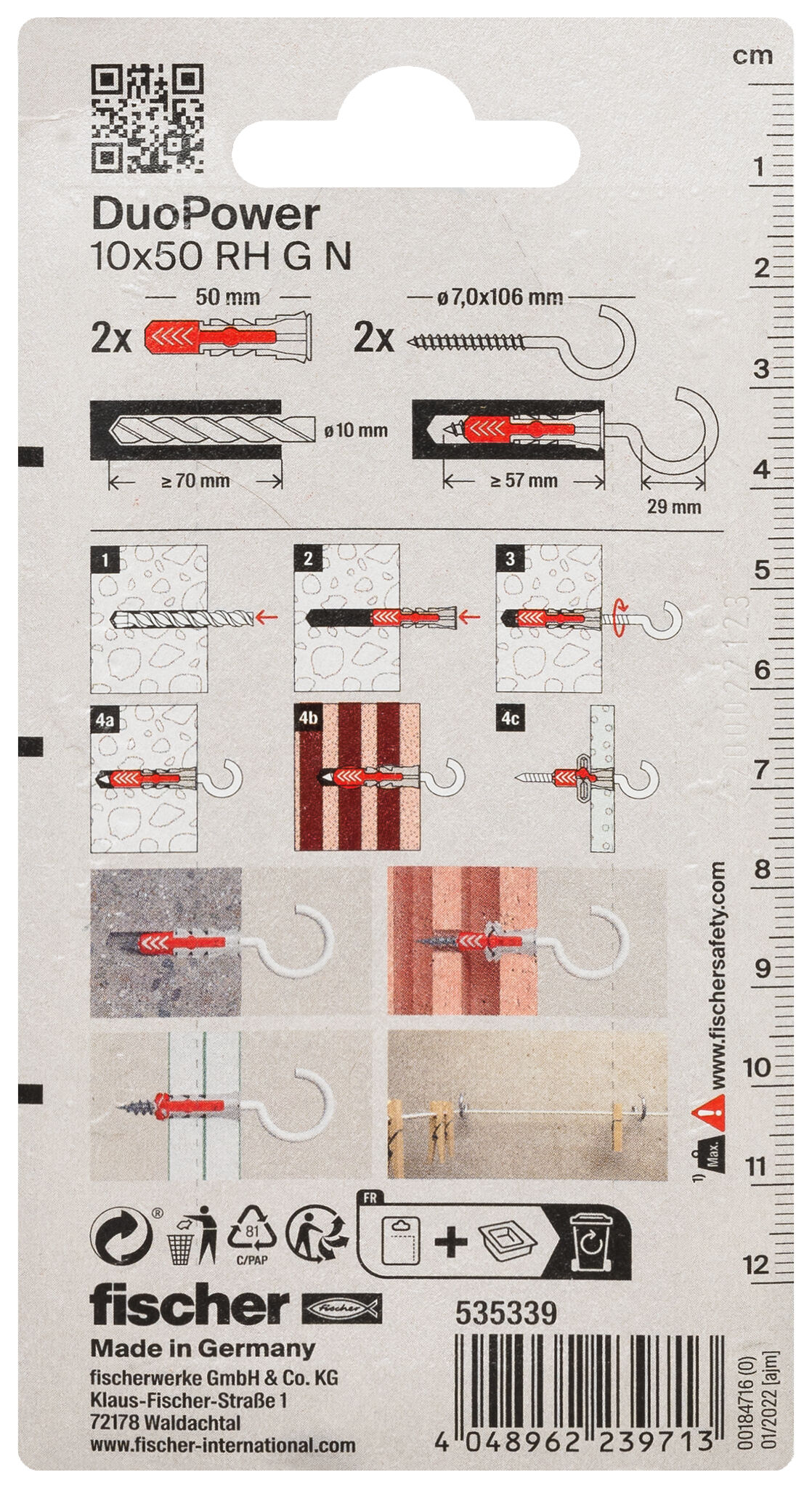 Verpackung: "fischer DuoPower 10 x 50 RH G mit Rundhaken, groß, nylonbeschichtet"
