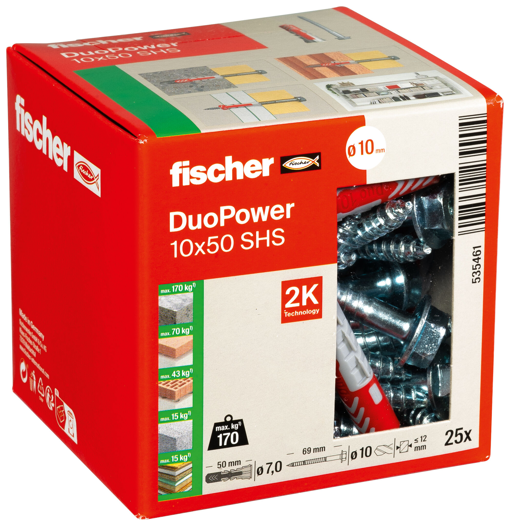 Verpackung: "fischer DuoPower 10 x 50 S mit Sicherheitsschraube"