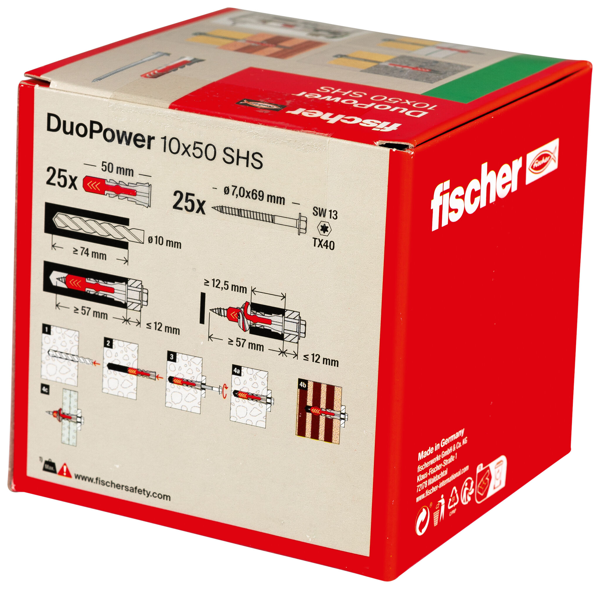 Verpackung: "fischer DuoPower 10 x 50 S mit Sicherheitsschraube"
