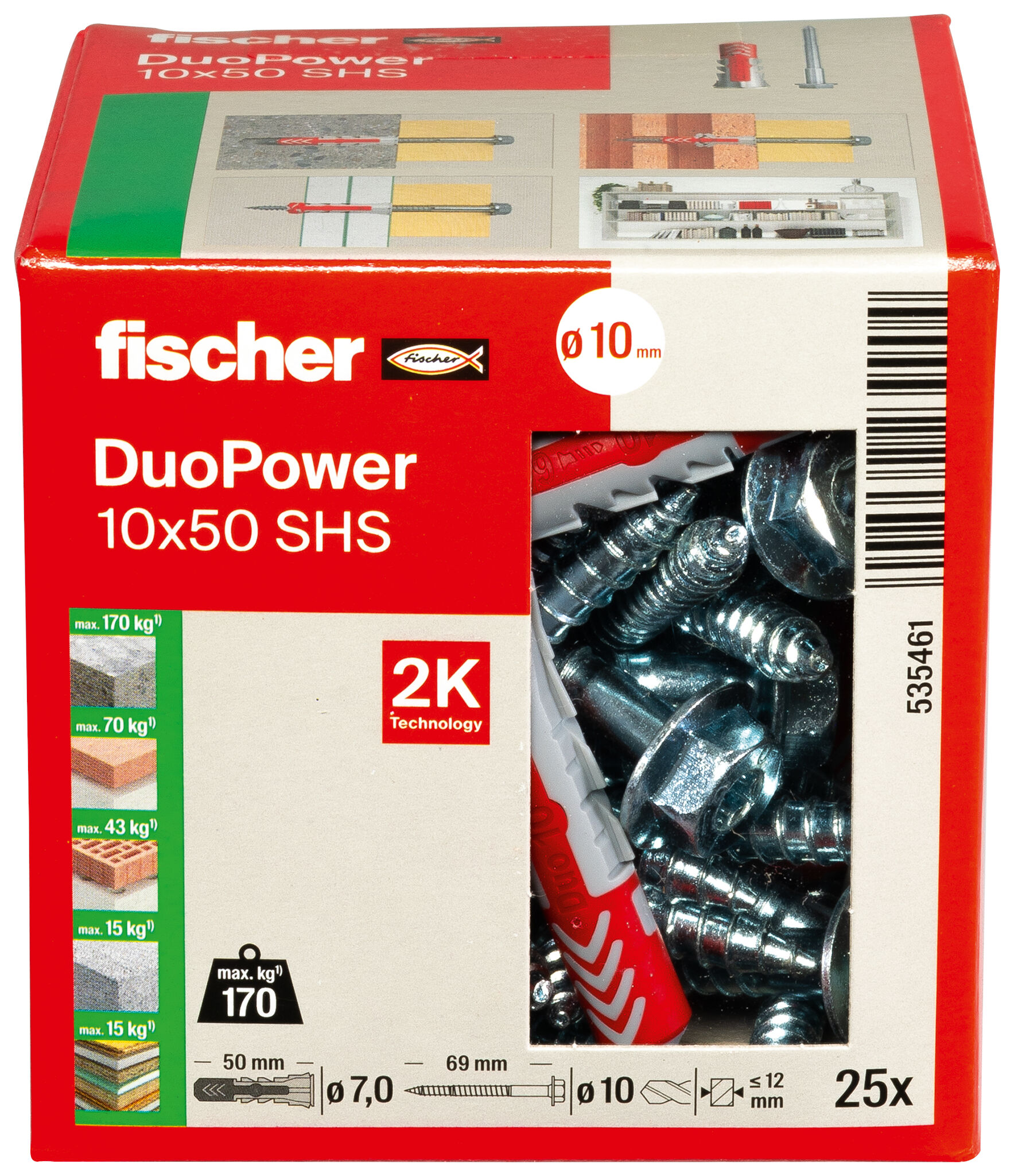 Verpackung: "fischer DuoPower 10 x 50 S mit Sicherheitsschraube"