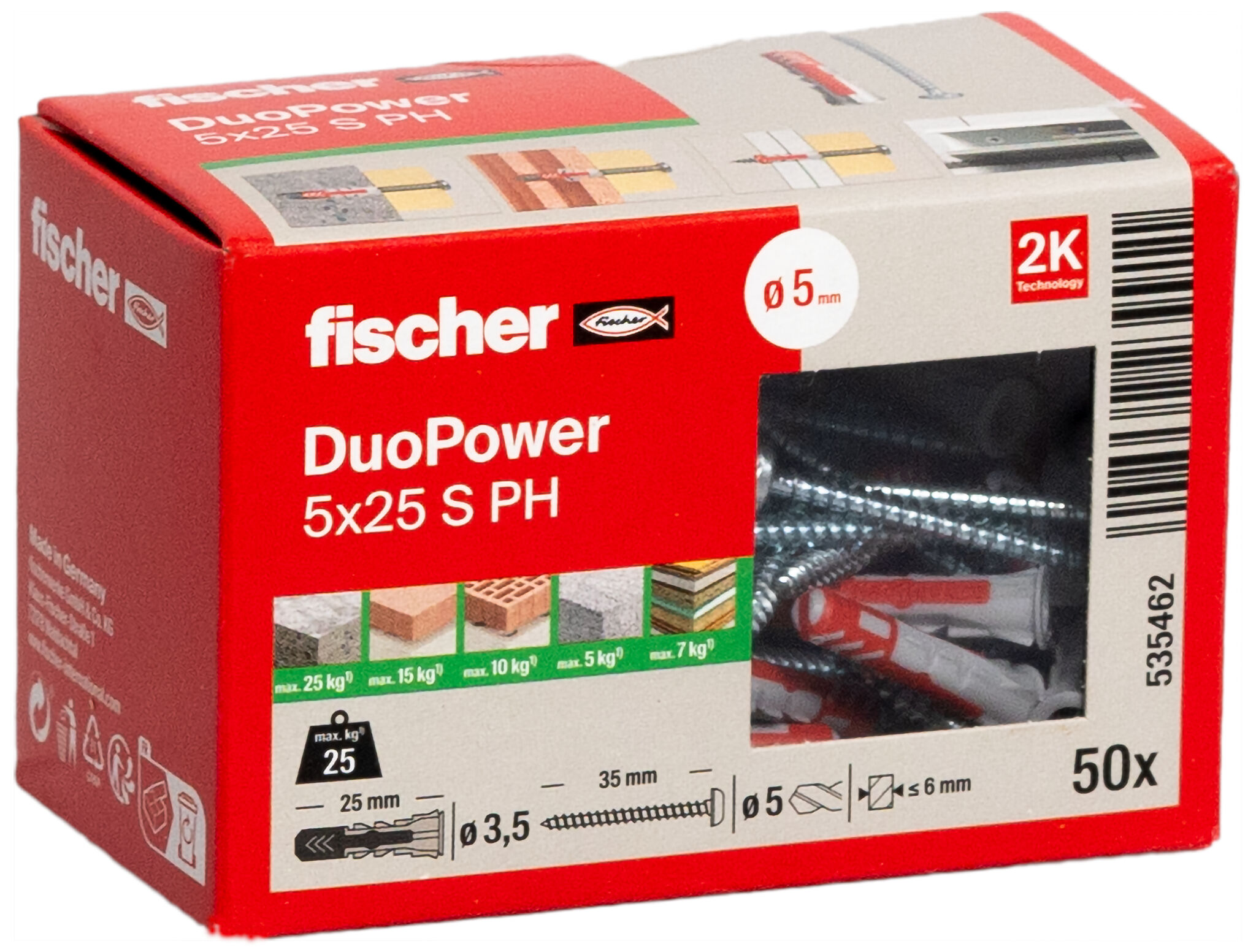 Verpackung: "fischer DuoPower 5 x 25 PH mit Panhead-Schraube"