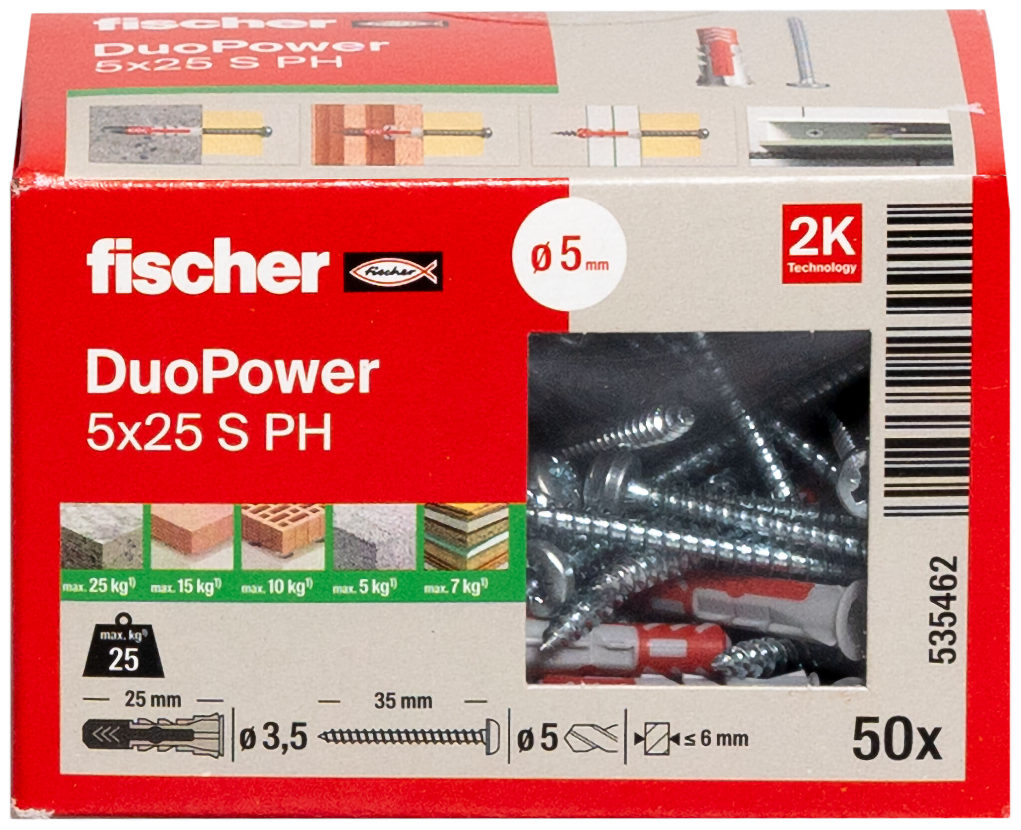 Verpackung: "fischer DuoPower 5 x 25 PH mit Panhead-Schraube"