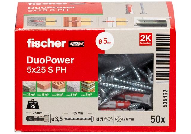 Packaging: "Cheville bi-matière DuoPower 5 x 25 PH avec vis"