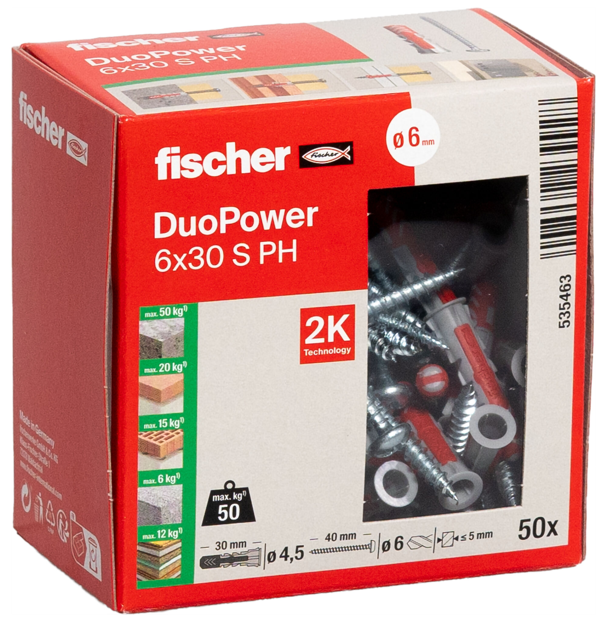 Verpackung: "fischer DuoPower 6 x 30 PH mit Panhead-Schraube"