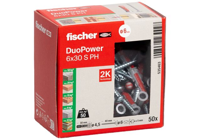 Packaging: "Cheville bi-matière DuoPower 6 x 30 PH avec vis"