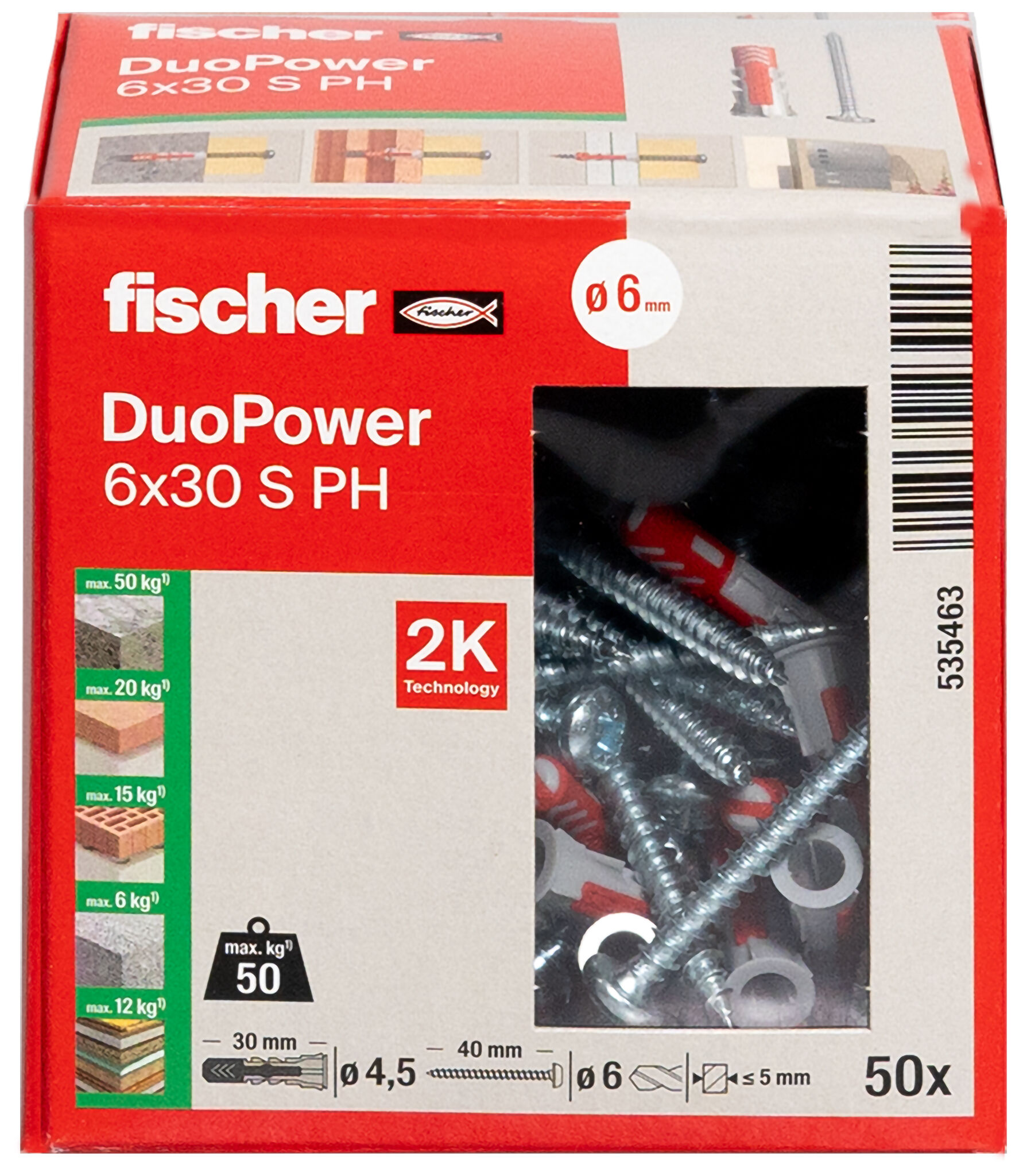 Verpackung: "fischer DuoPower 6 x 30 PH mit Panhead-Schraube"