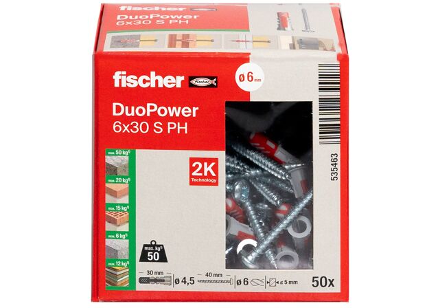 Packaging: "Cheville bi-matière DuoPower 6 x 30 PH avec vis"