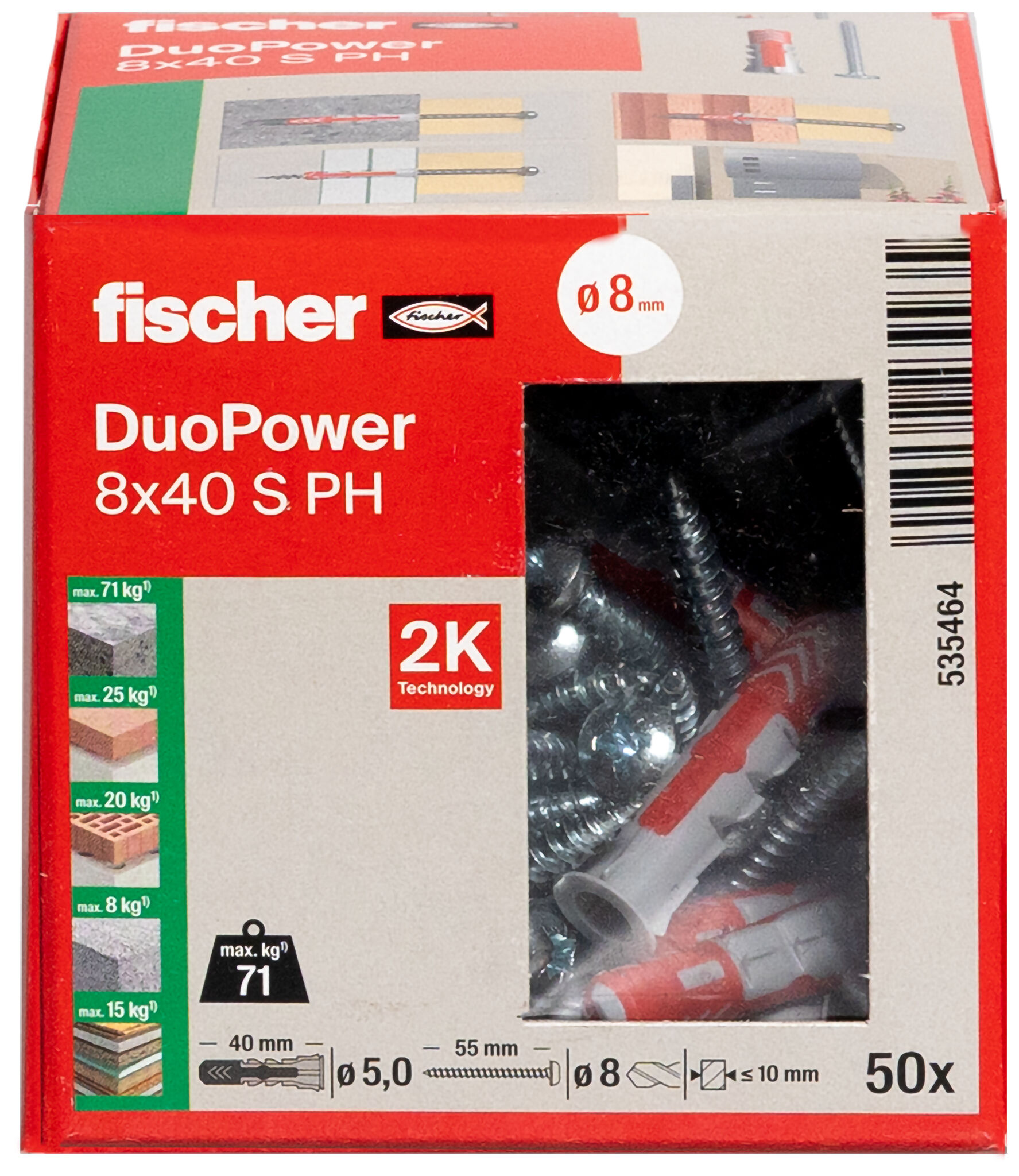 Verpackung: "fischer DuoPower 8 x 40 PH mit Panhead-Schraube"