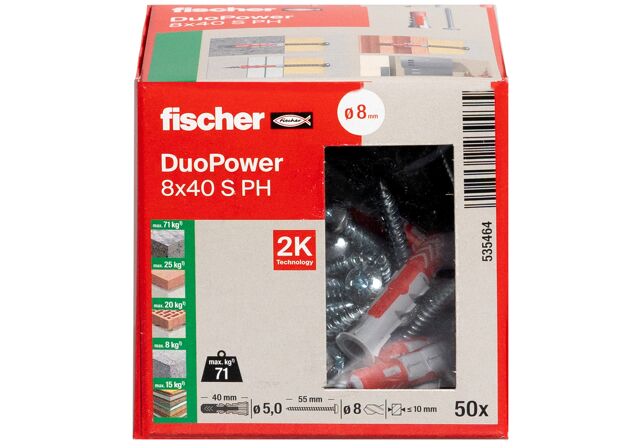 Packaging: "Cheville bi-matière DuoPower 8 x 40 PH avec vis"
