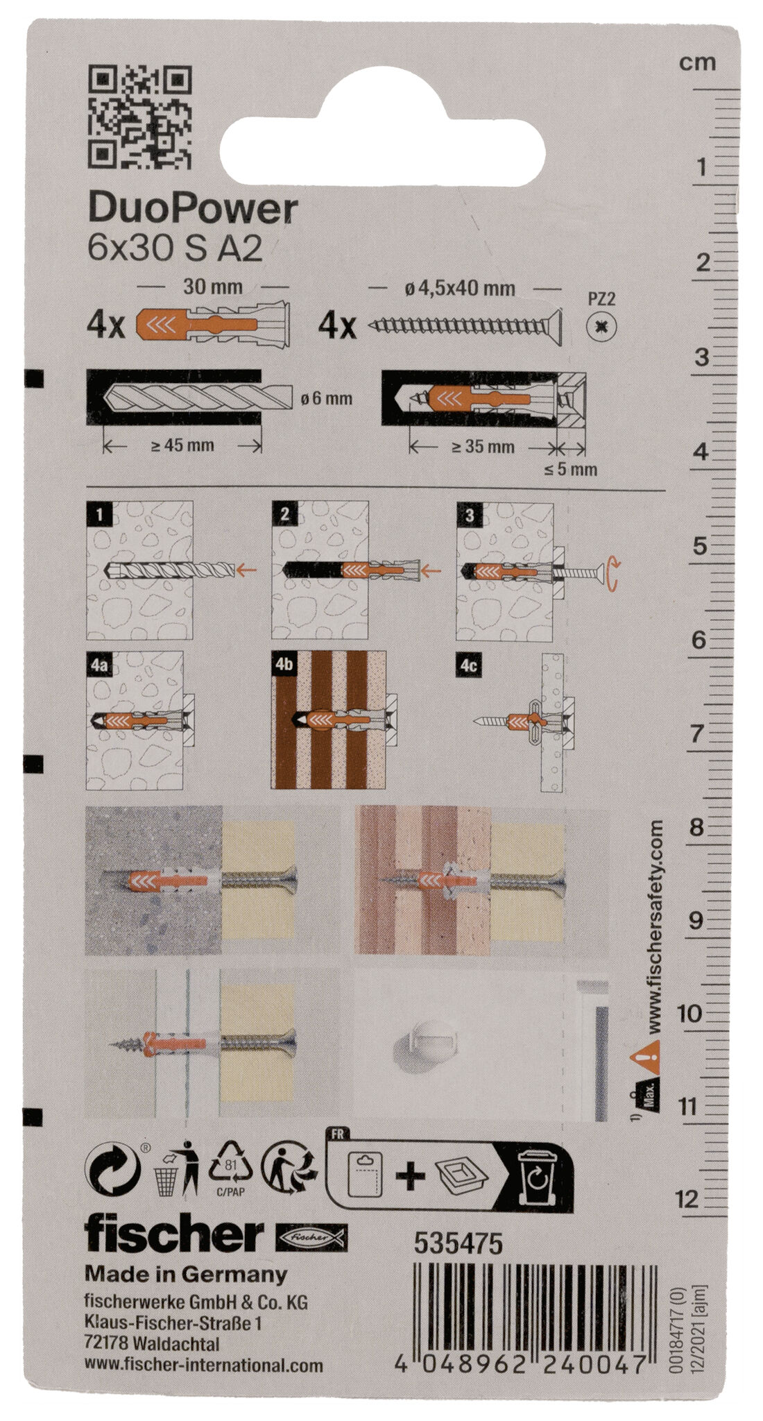 Packaging: "fischer DuoPower 6 x 30 S screw A2 stainless steel"