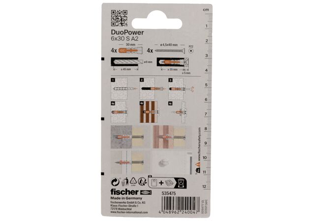 Packaging: "fischer DuoPower 6 x 30 S screw A2 stainless steel"
