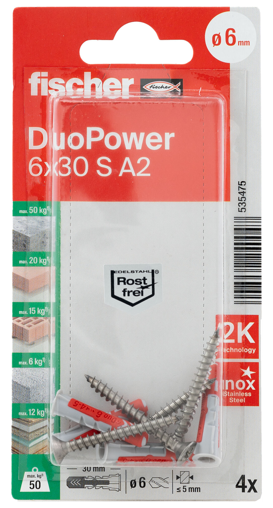 Packaging: "fischer DuoPower 6 x 30 S screw A2 stainless steel"