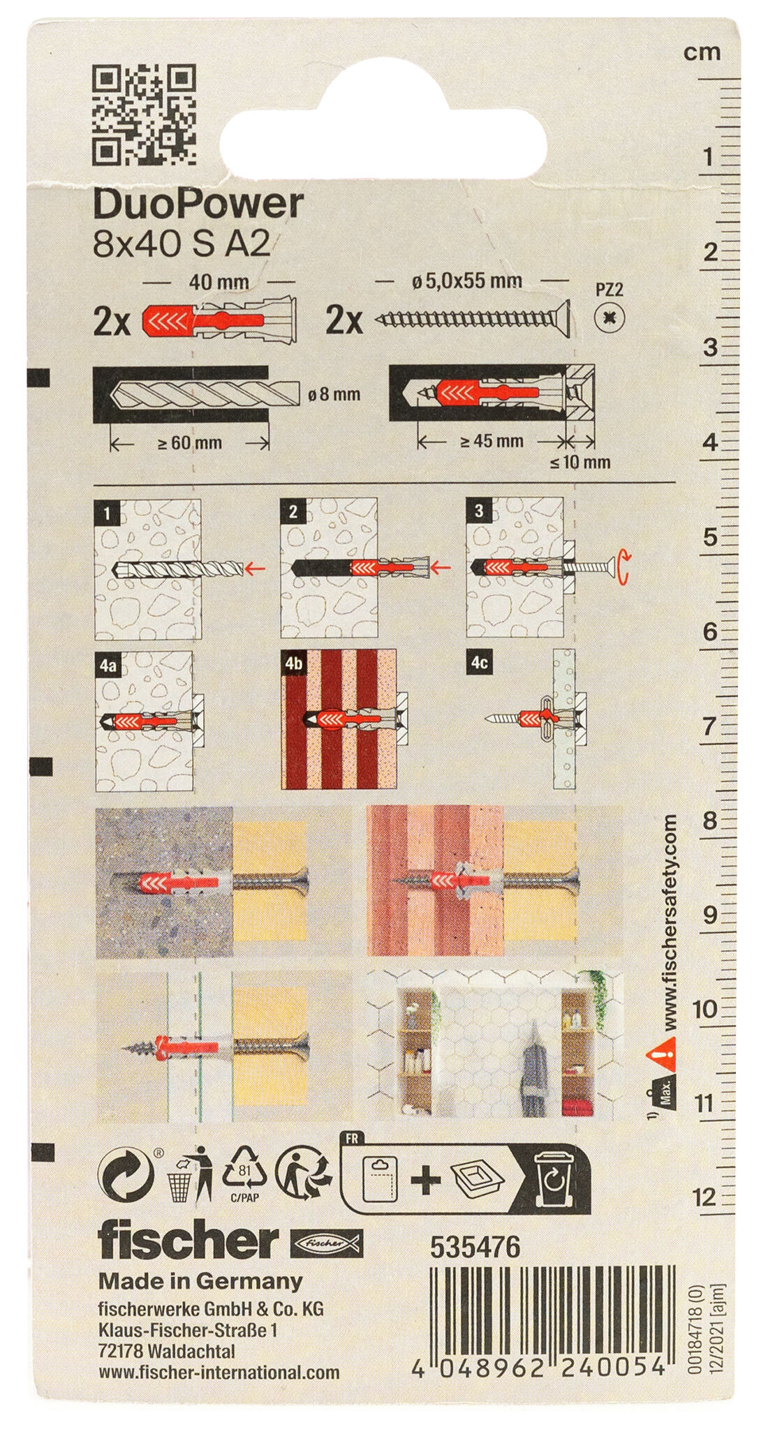 Verpackung: "fischer DuoPower 8 x 40 S Schraube nicht rostender Stahl A2"