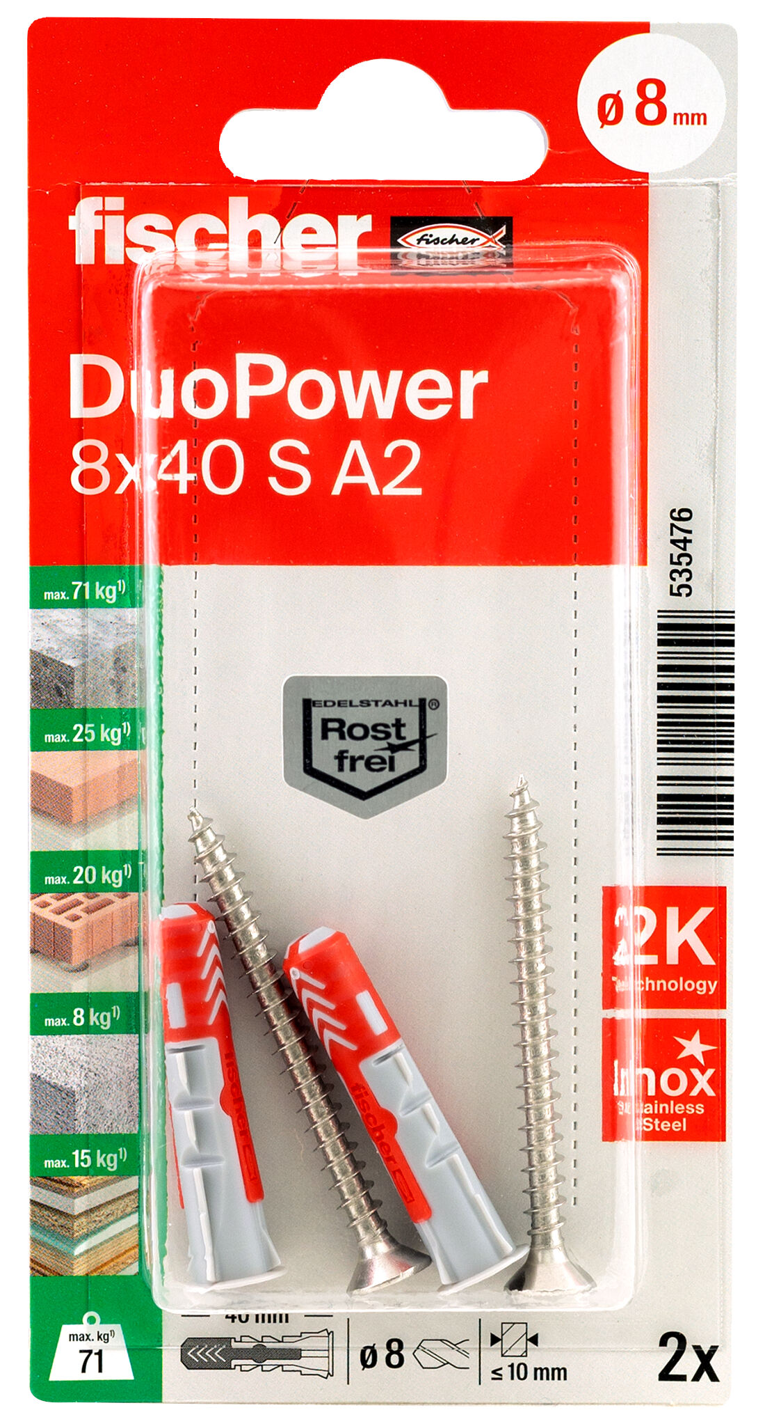 Verpackung: "fischer DuoPower 8 x 40 S Schraube nicht rostender Stahl A2"