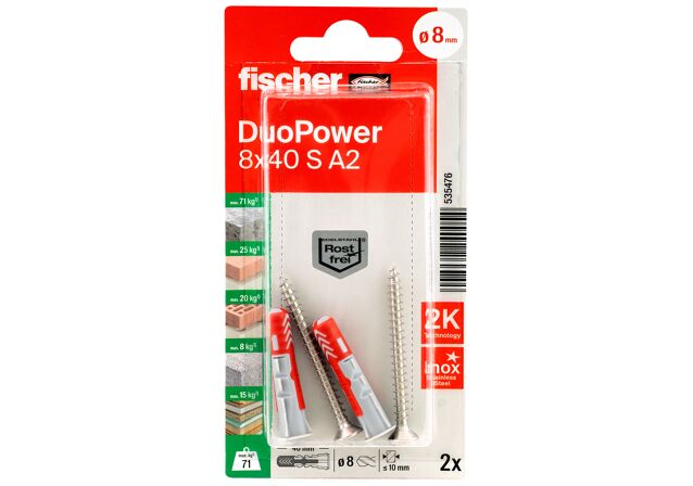 Packaging: "fischer DuoPower 8 x 40 S screw A2 stainless steel"