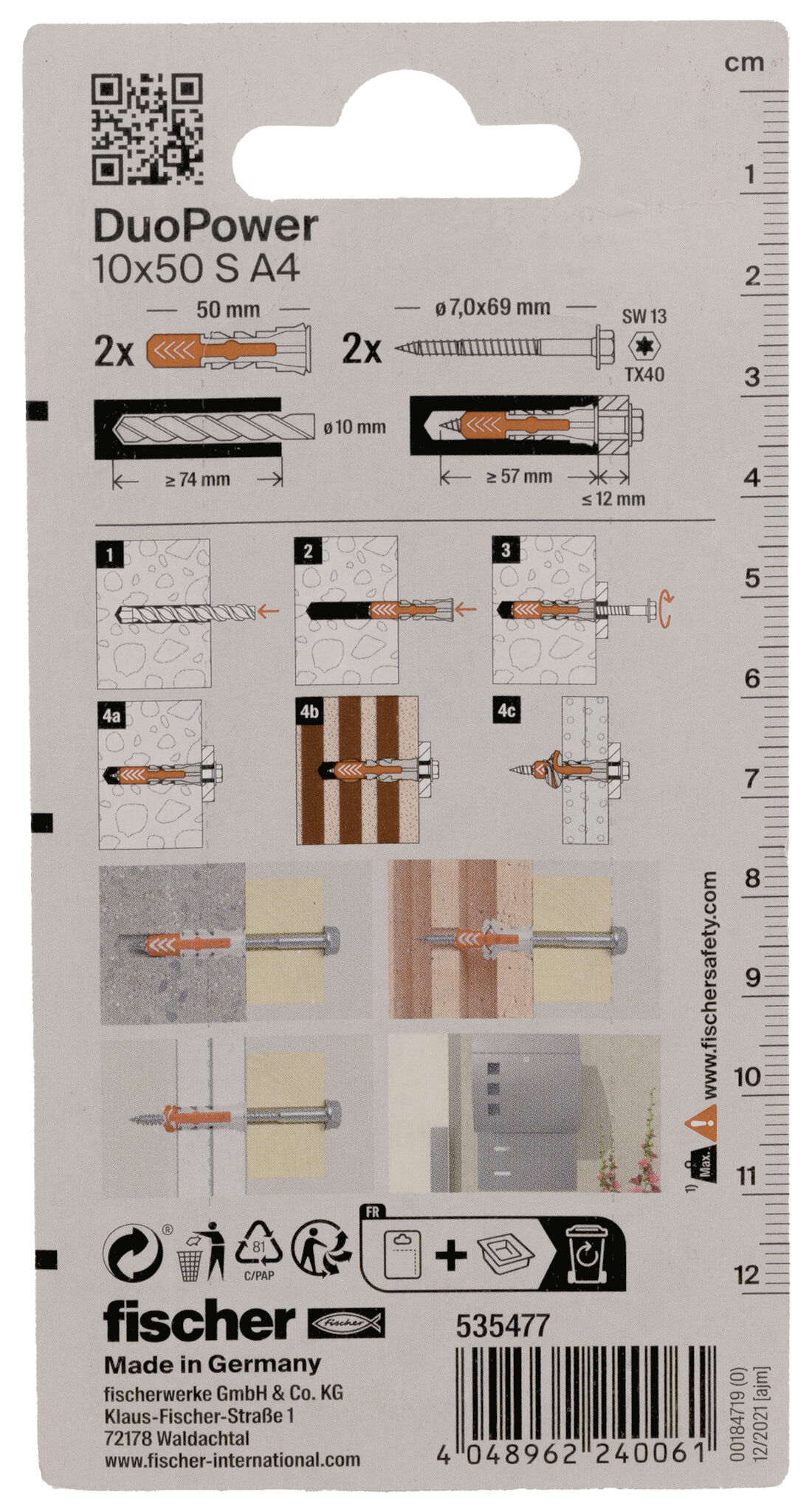 Verpackung: "fischer DuoPower 10 x 50 S Schraube nicht rostender Stahl A4"