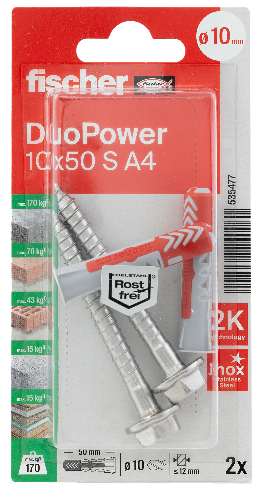 Verpackung: "fischer DuoPower 10 x 50 S Schraube nicht rostender Stahl A4"