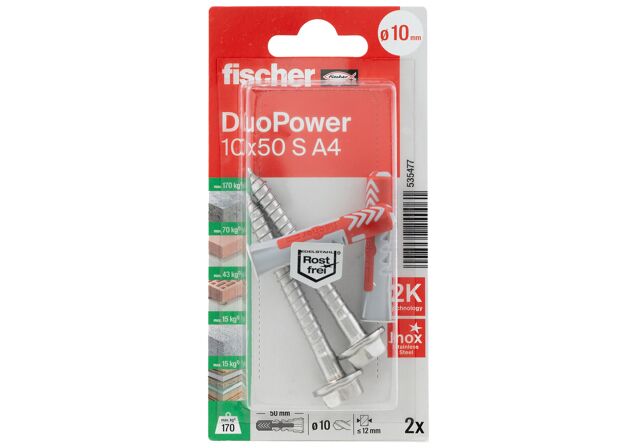 Packaging: "fischer DuoPower 10 x 50 S screw A4 stainless steel"