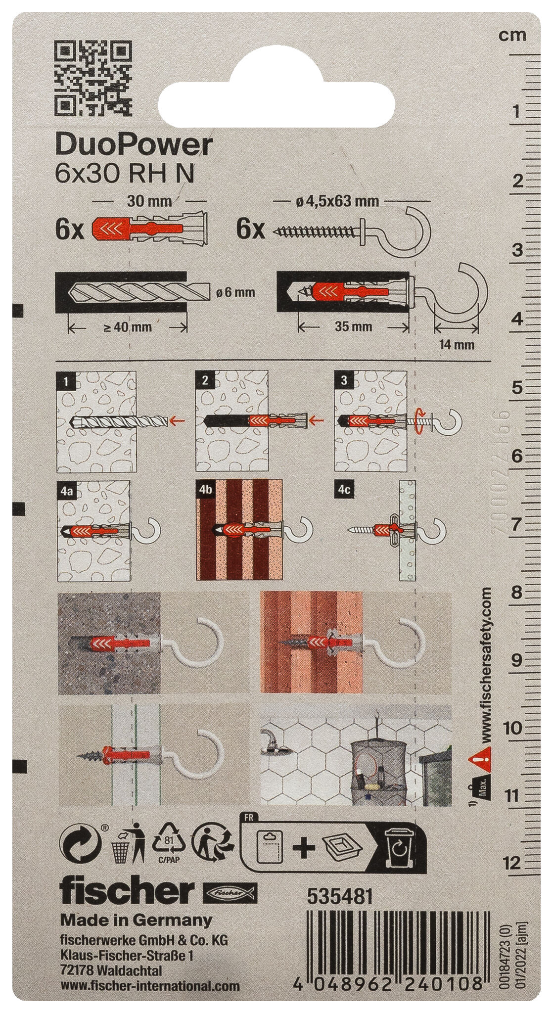 Verpackung: "fischer DuoPower 6 x 30 RH mit Rundhaken, nylonbeschichtet"