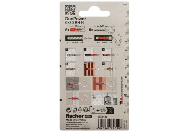 Packaging: "fischer DuoPower 6 x 30 RH with round hook, nylon coated"
