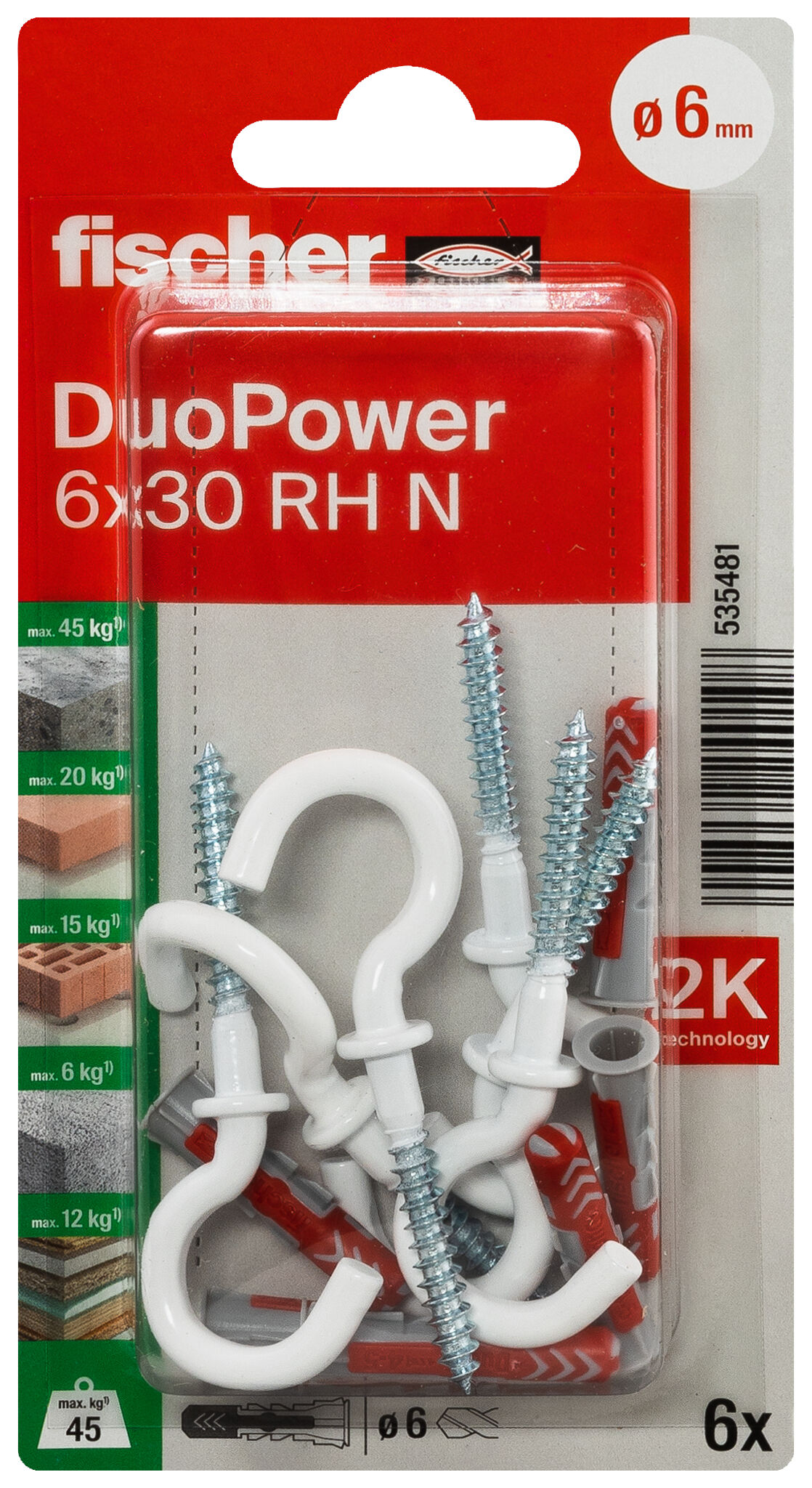 Verpackung: "fischer DuoPower 6 x 30 RH mit Rundhaken, nylonbeschichtet"