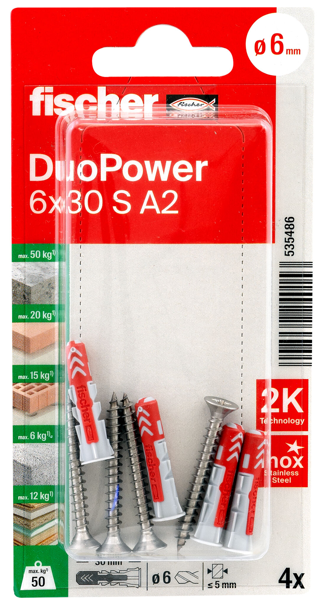 Packaging: "fischer DuoPower 6 x 30 S A2 K NV"