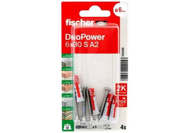 Packaging: "fischer DuoPower 6x30 S Νάιλον βύσμα με ανοξείδωτη A2 βίδα σε blister"