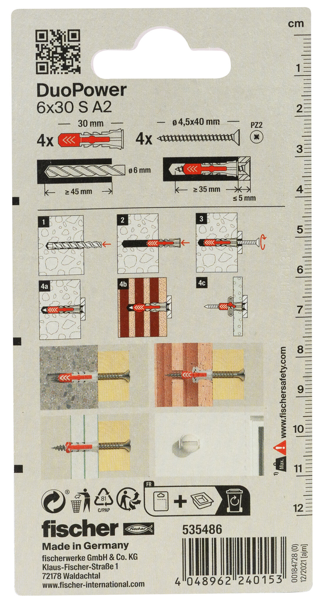 Packaging: "fischer DuoPower 6 x 30 S A2 K NV"