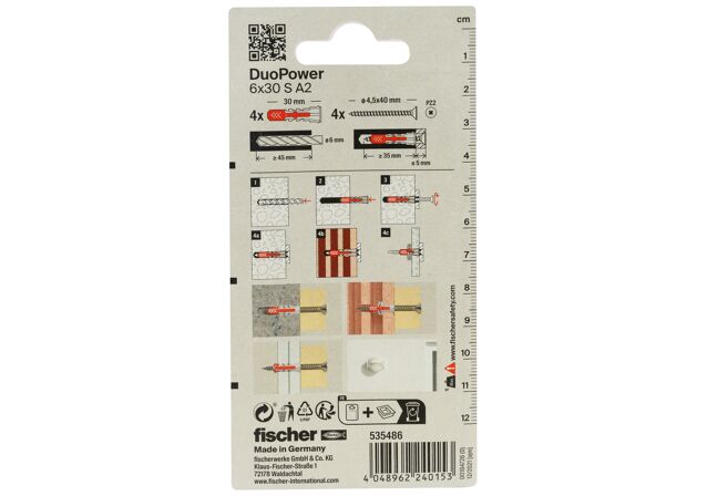 Packaging: "fischer DuoPower 6x30 S Νάιλον βύσμα με ανοξείδωτη A2 βίδα σε blister"