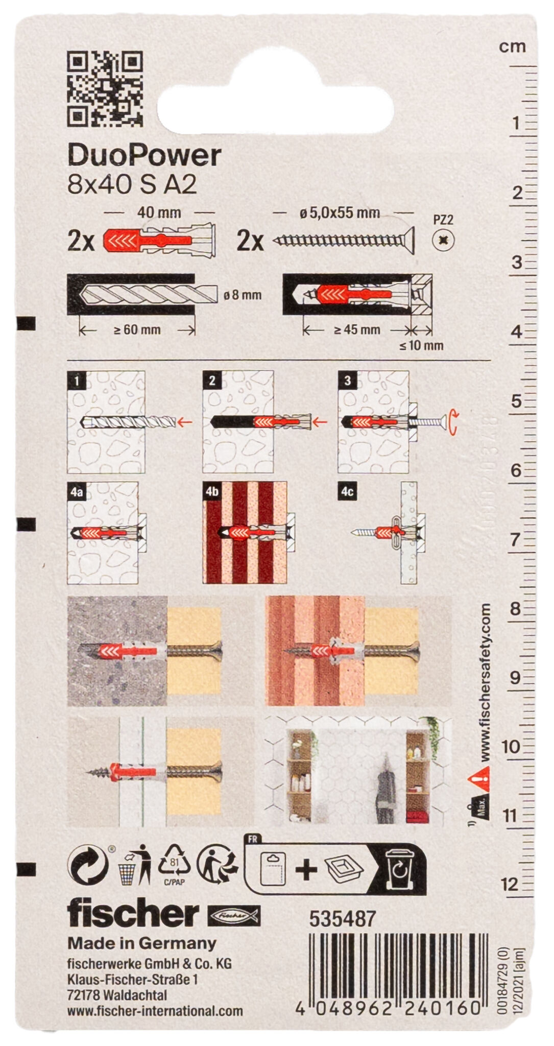 Packaging: "fischer DuoPower 8 x 40 S screw A2 stainless steel"